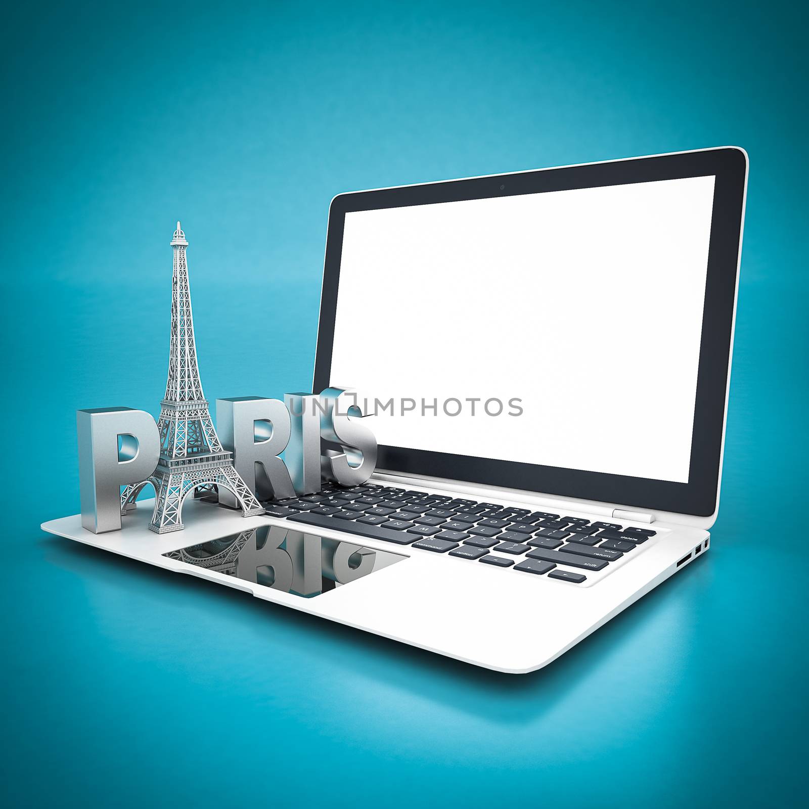 Eiffel tower - The symbol of France, Paris and white laptop on a blue background