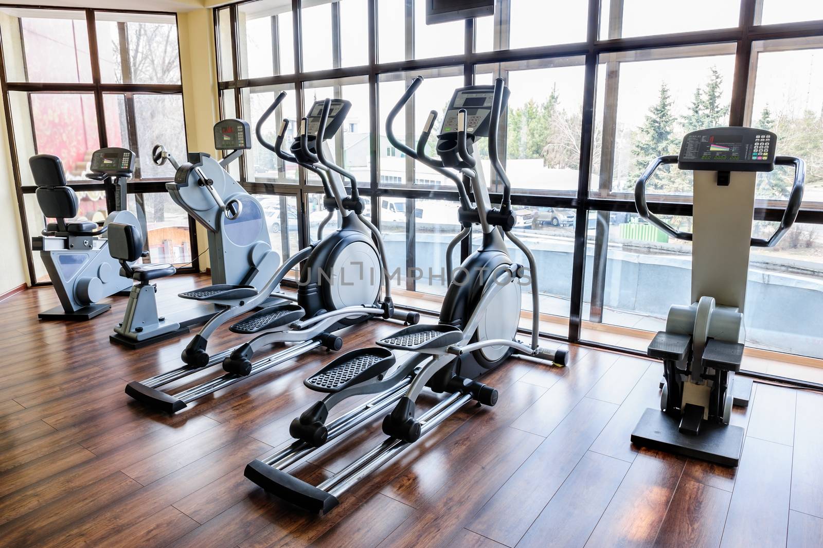 Set of treadmills staying in line in the gym