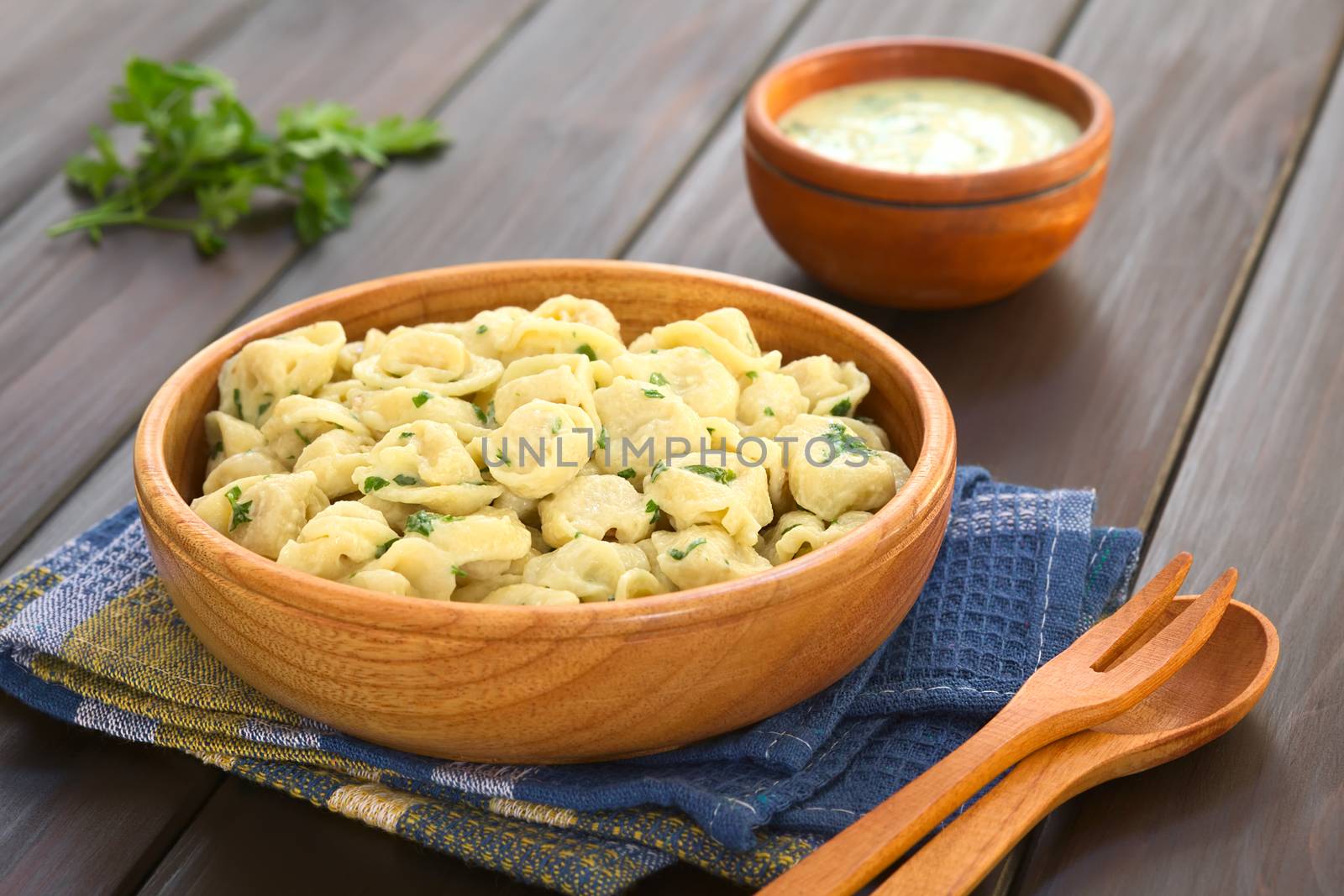 Cooked tortellini stuffed with cheese served with parsley cream sauce in wooden bowl, photographed on dark wood with natural light (Selective Focus, Focus one third into the dish)