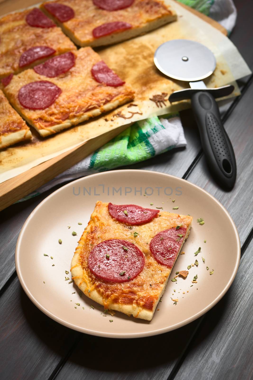 Homemade pepperoni or salami pizza piece on plate sprinkled with dried oregano, photographed on dark wood with natural light (Selective Focus, Focus on the first salami slice)