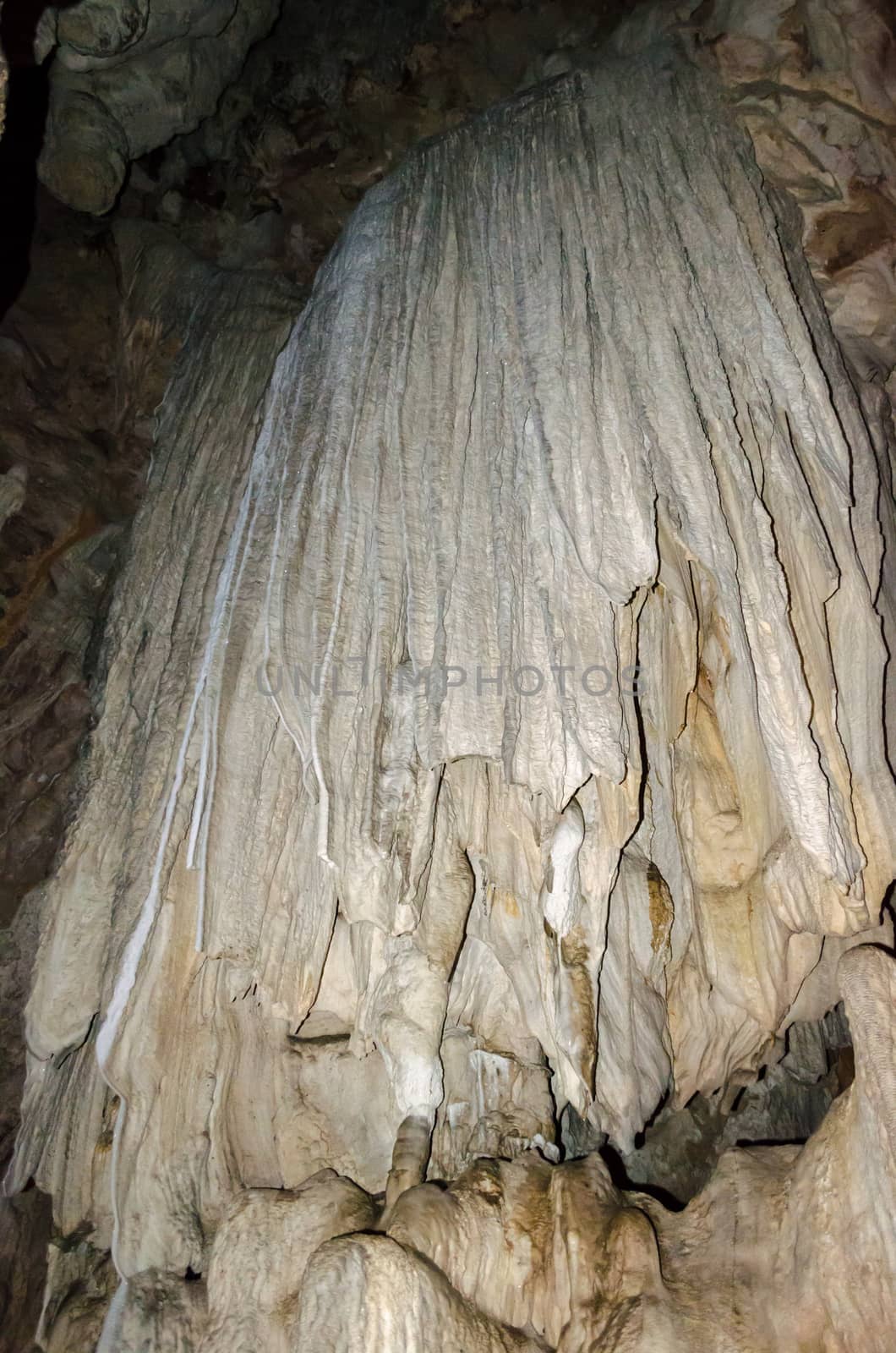 Stalactite and stalagmite in cave at Tham Lod National Park, Mae Hong Son Province, Thailand