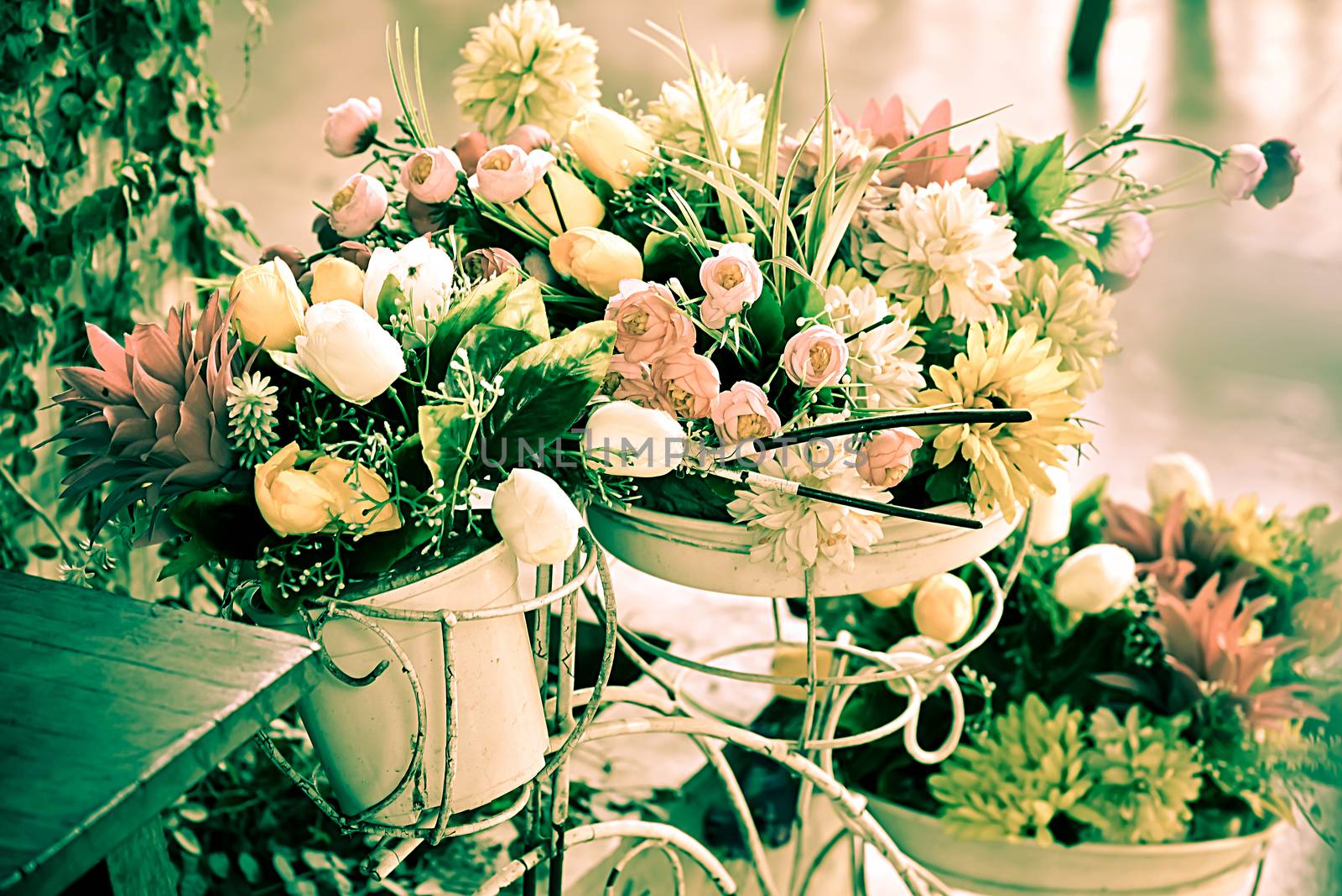 Decoration artificial flower in basket on bicycle