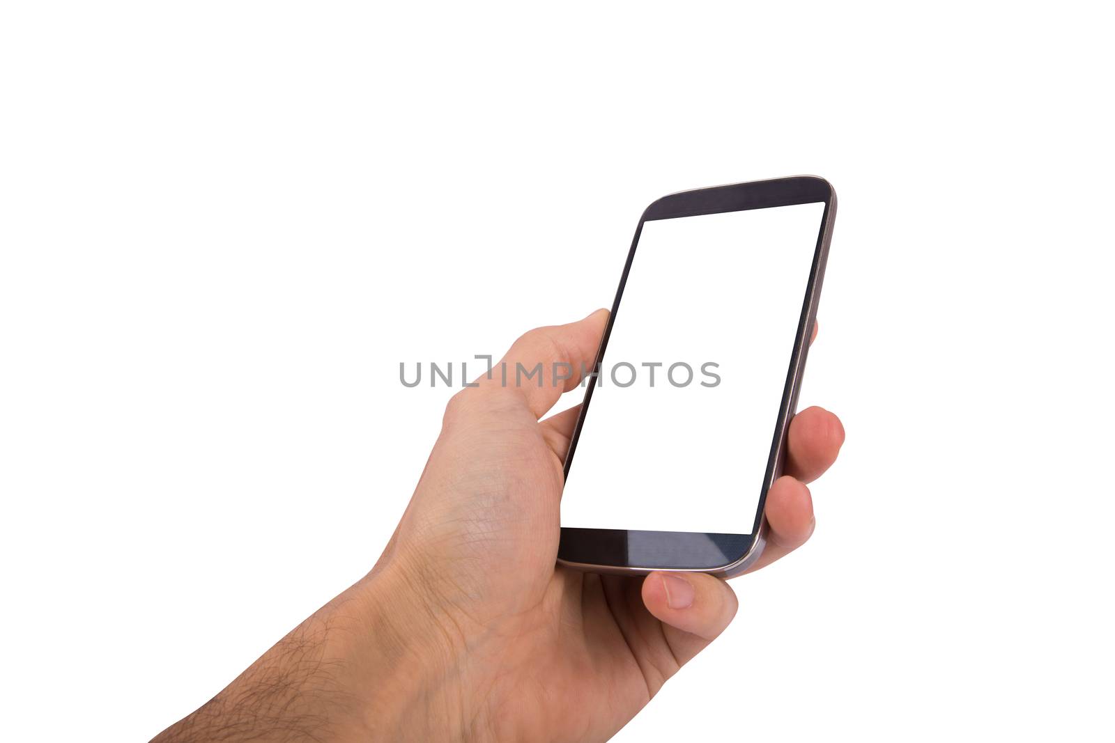 Close up view of mobile phone holding in hand with blank white screen, isolated on white background.