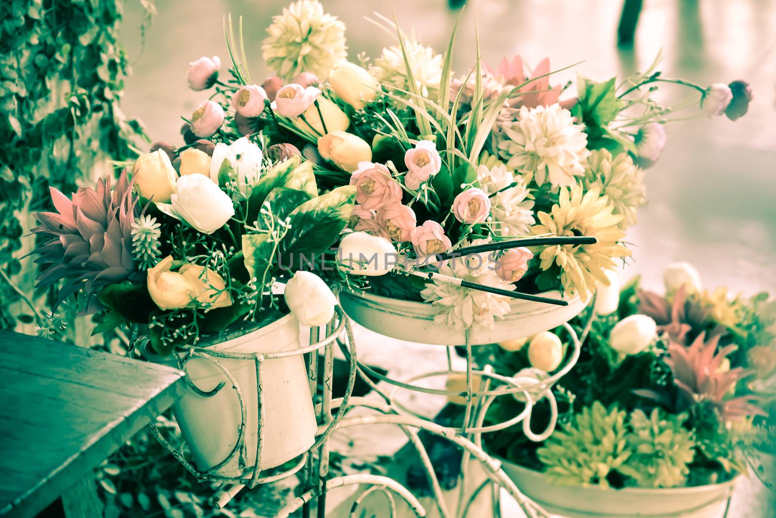 Decoration artificial flower in basket on bicycle