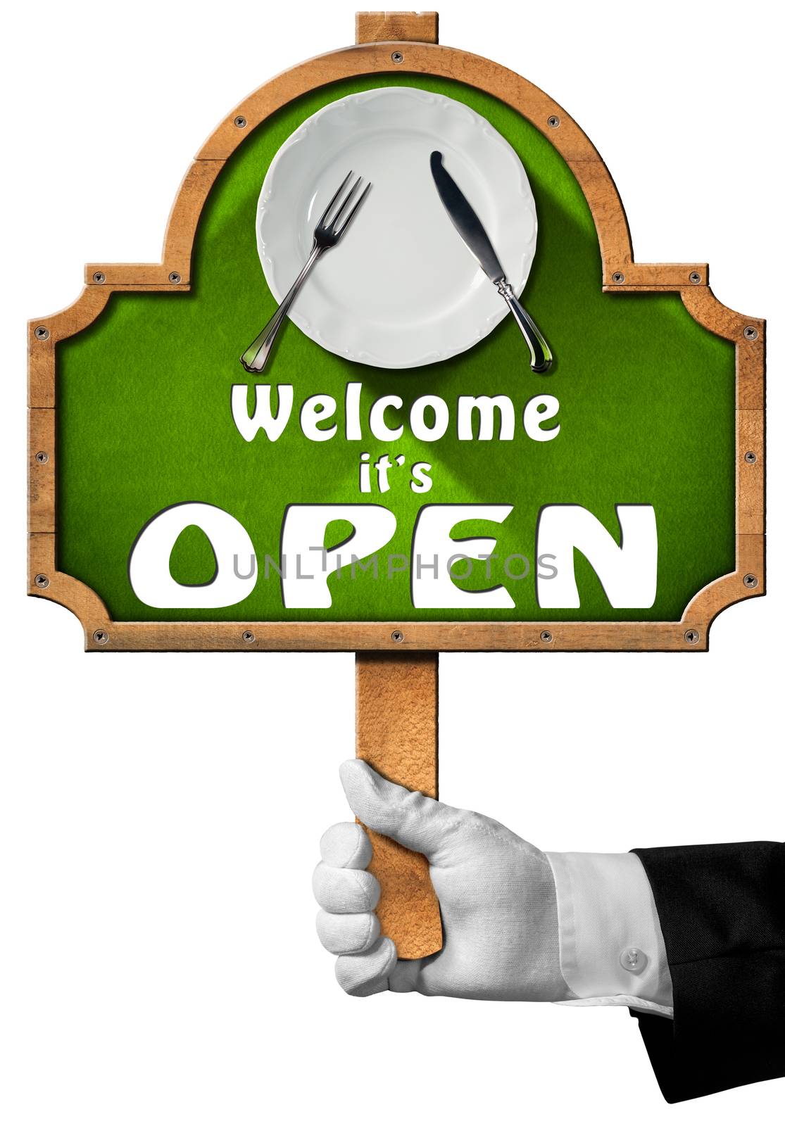 Hand of waiter with white glove holding a wooden pole with sign with empty white plate, silver cutlery and text, Welcome it is open. Isolated on white