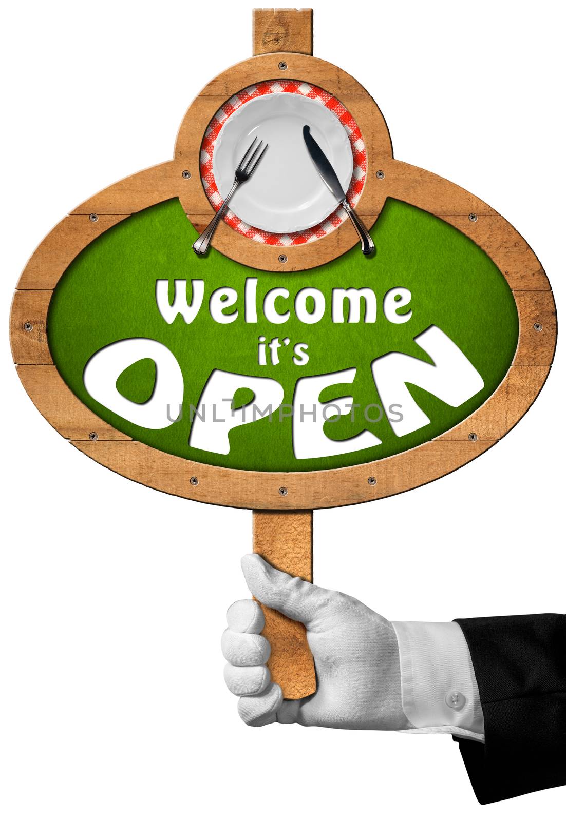 Hand of waiter with white glove holding a wooden pole with sign with empty white plate, silver cutlery and text, Welcome it is open. Isolated on white