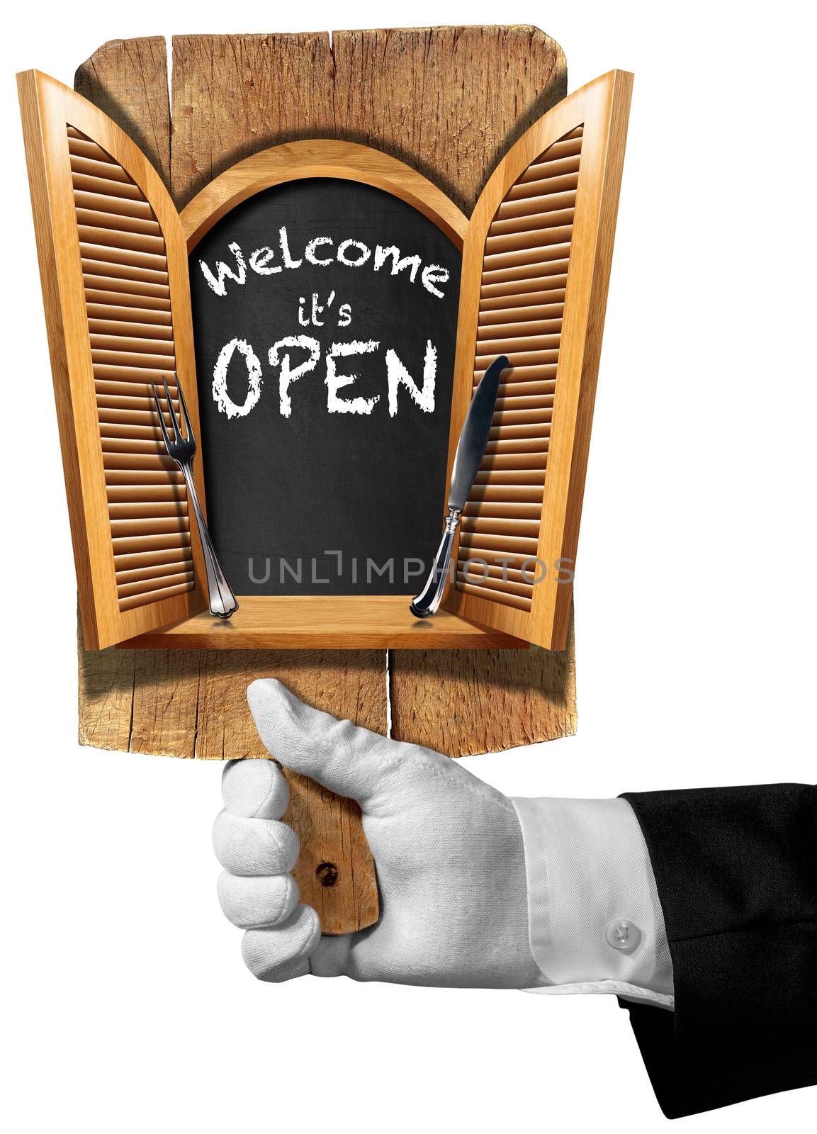 Hand of waiter holding a cutting board with window with open shutters, silver cutlery and text, welcome it is open. Isolated on white background