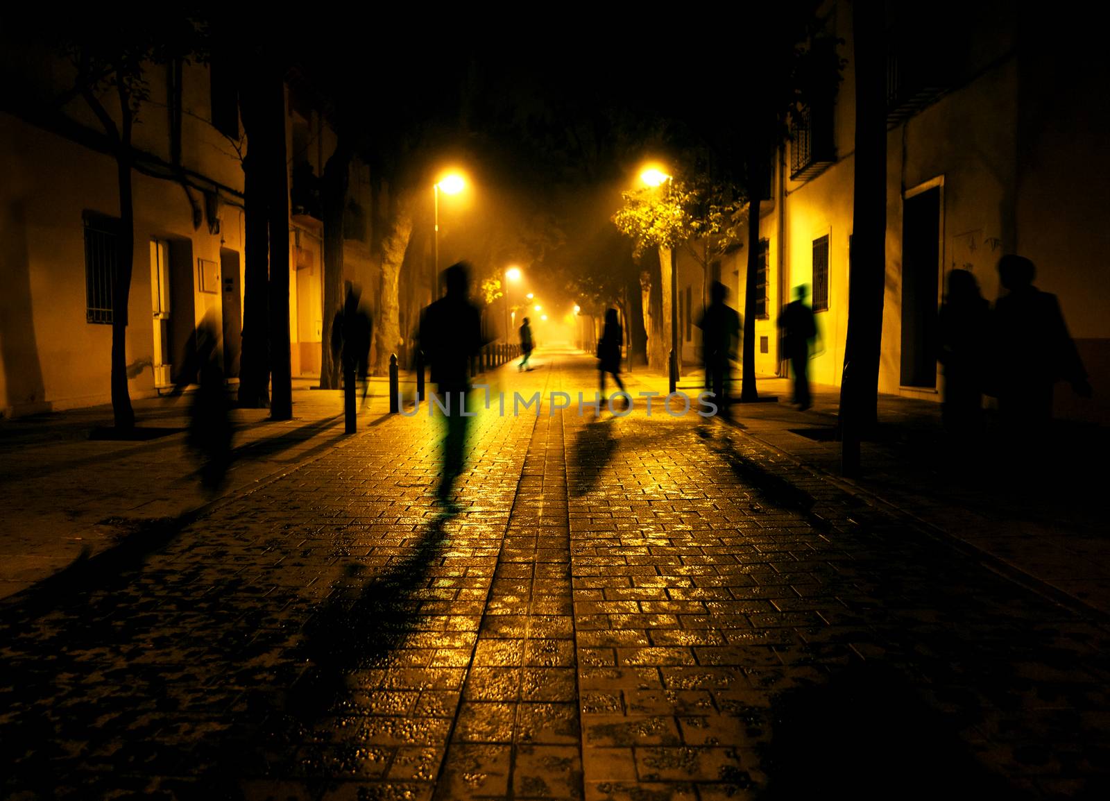 City at night. Shadows of people walking down the street