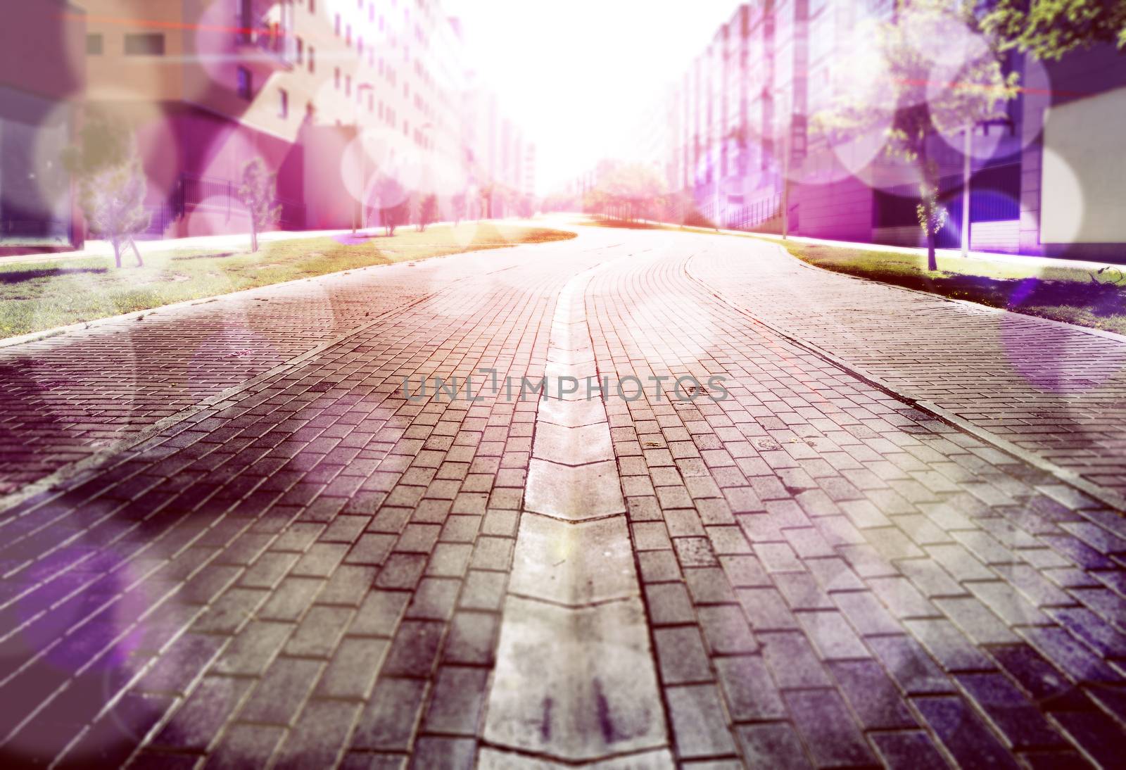 Abstract street floor background.Cobbled floor and sunbeams