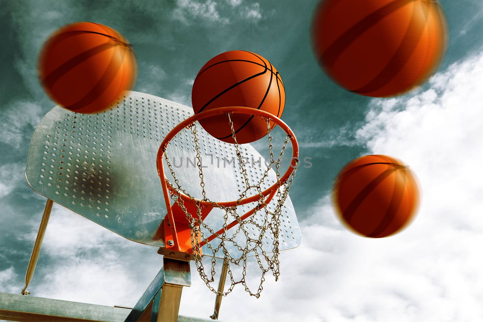 Basketball hoop and several balls. Sport background