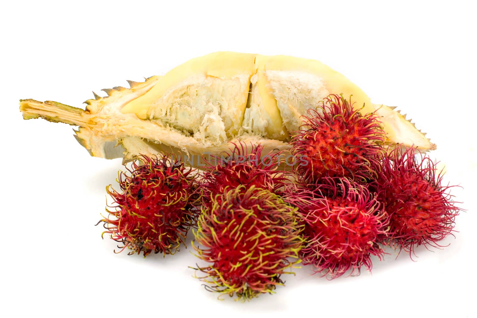 Durian and Rambutan fruits isolated on white background by Yuri2012