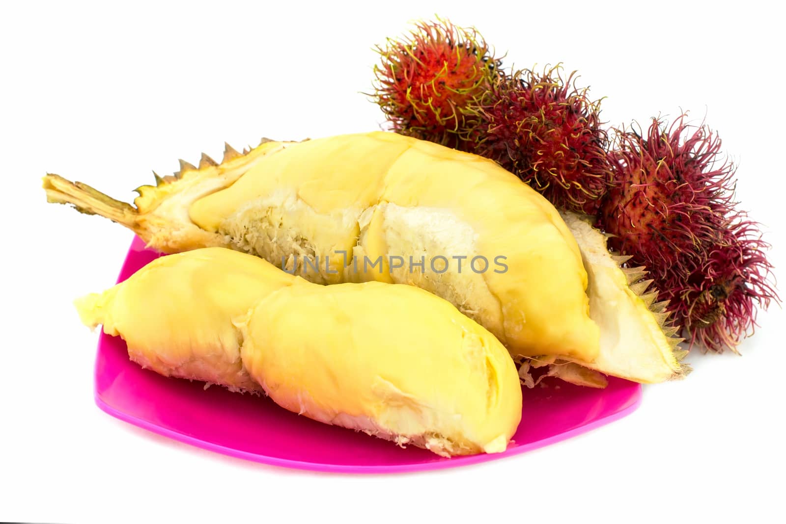 Durian and Rambutan fruits isolated on white background by Yuri2012