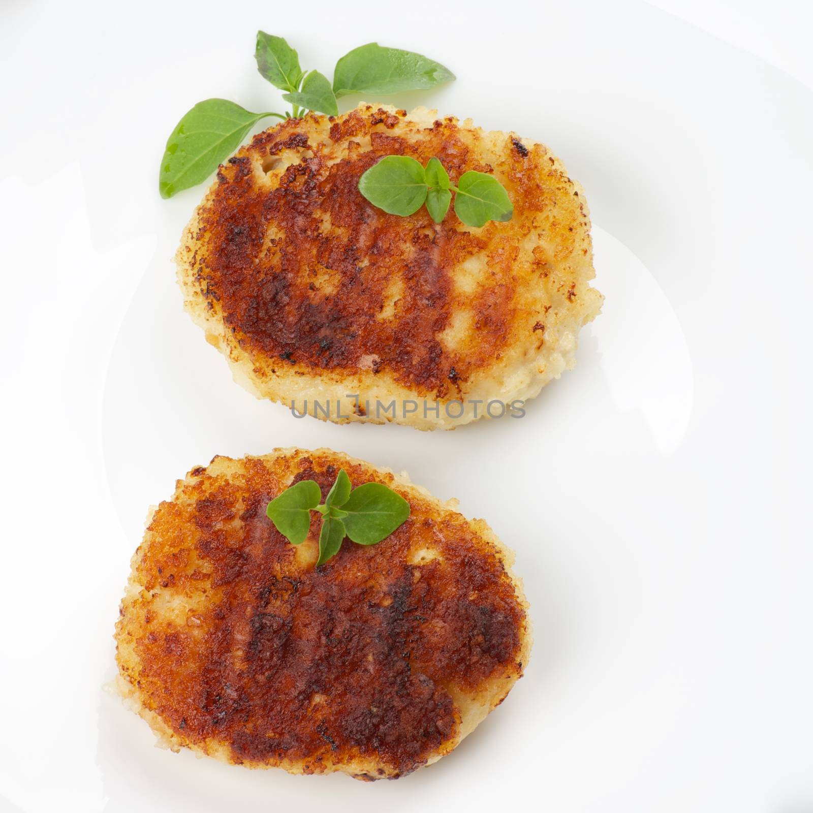 Delicious Chicken Meat Cutlets Decorated with Basil closeup on White Plate