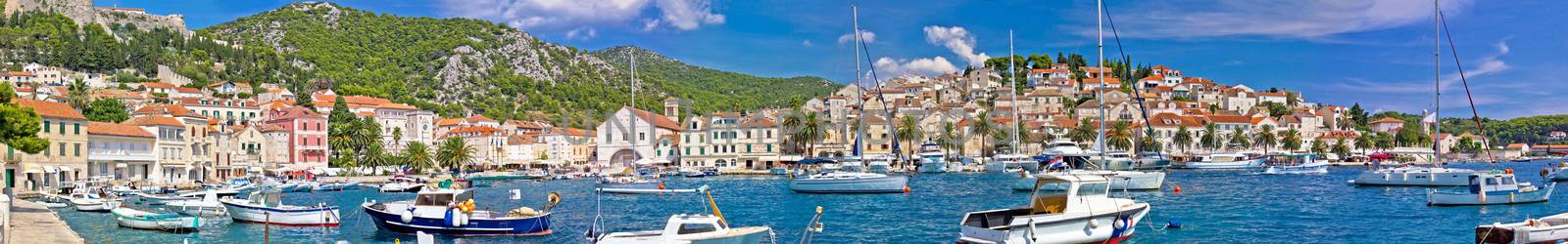 Hvar yachting harbor and historic architecture panoramic view, Dalmatia, Croatia