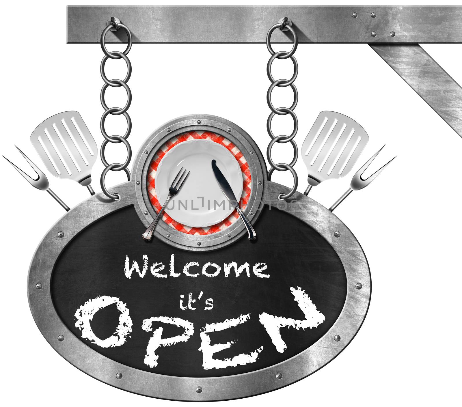 Metallic sign with frame, empty plate, silver cutlery, kitchen utensils and blackboard with text, Welcome it is open. Hanging from a chain and isolated on white