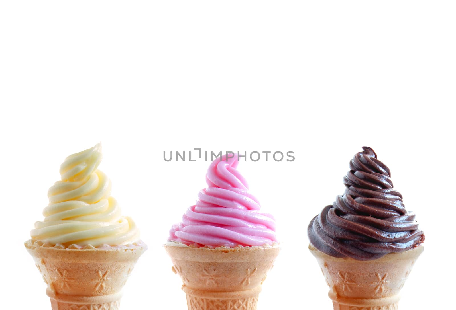 Assorted flavored ice cream cones including classic vanilla, strawberry and chocolate 