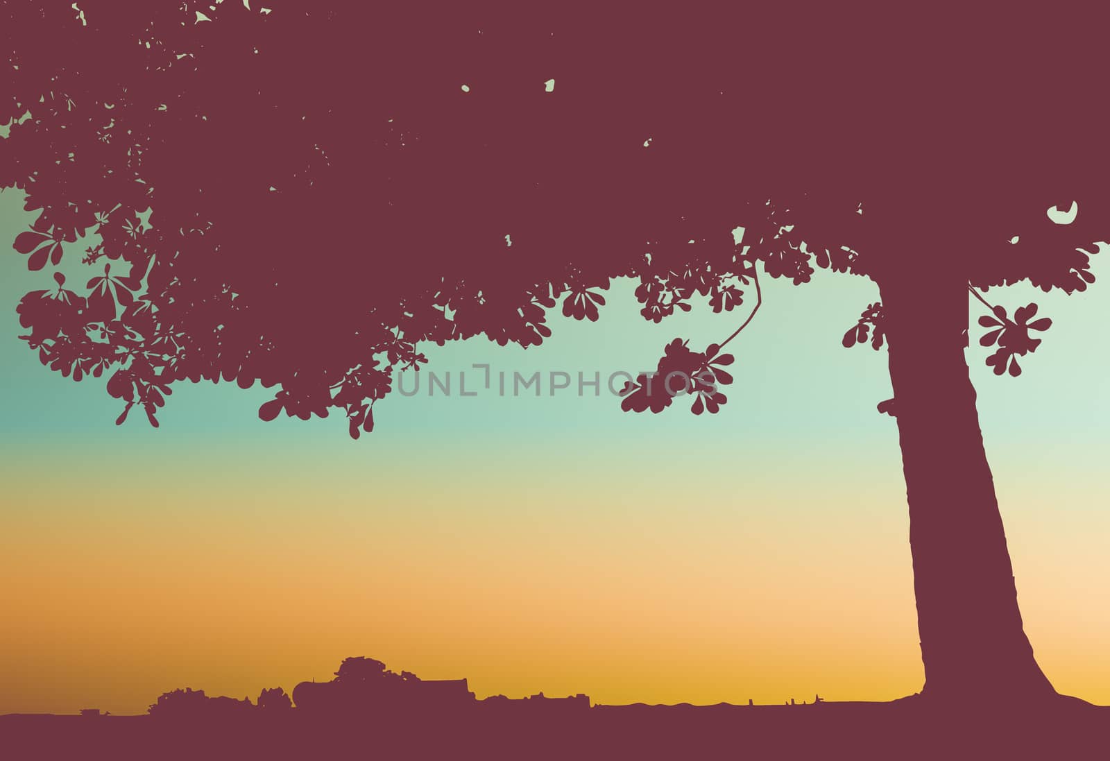 Retro Style Illustration Of A Tree At Sunset For Your Text