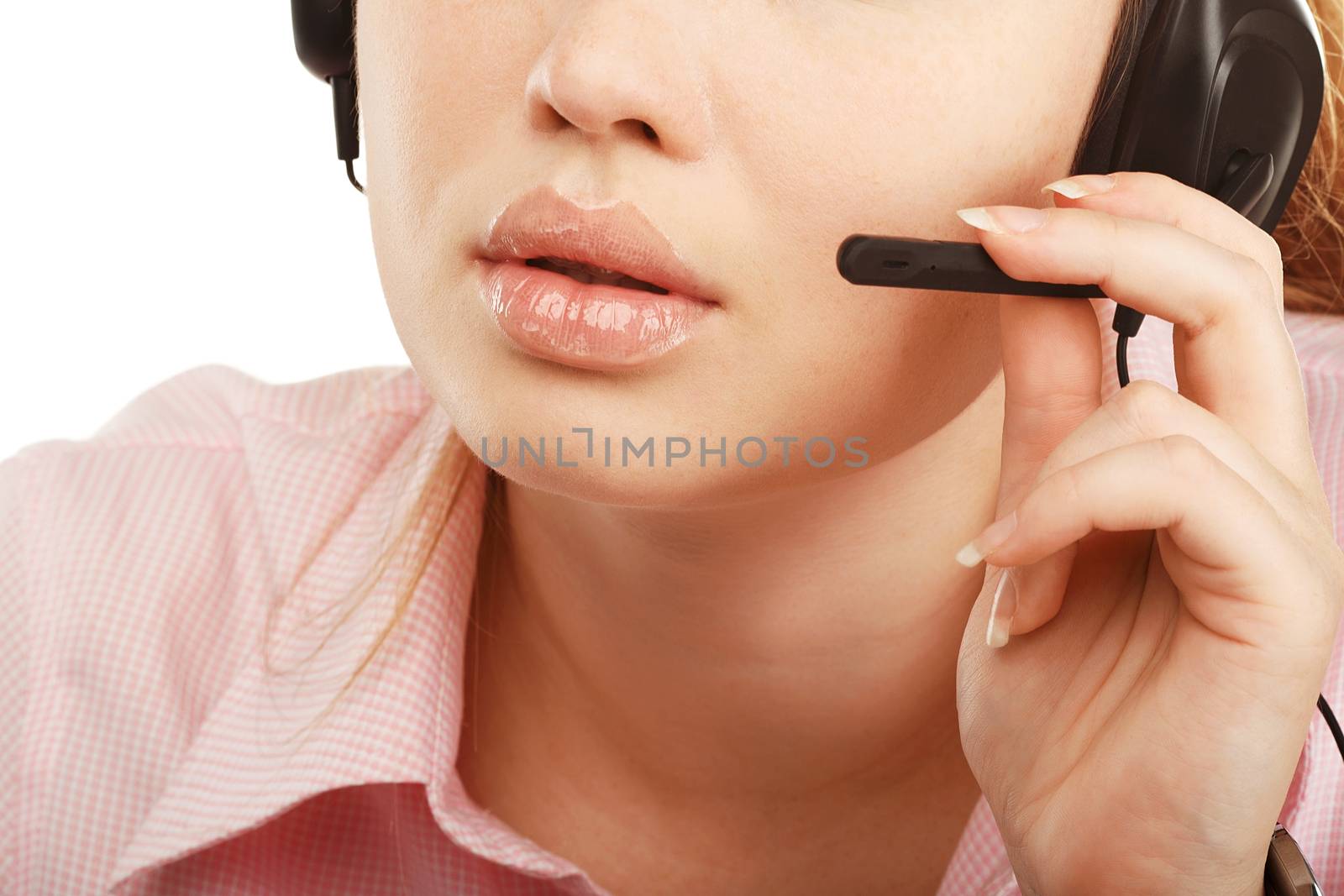 Closeup portrait of female customer service representative or call center worker or operator or support staff speaking with head set, isolated on white background