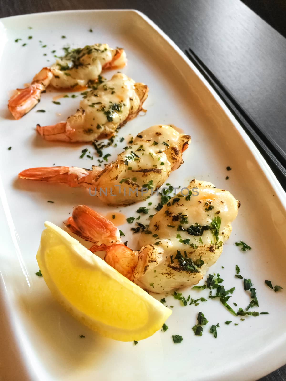 Grilled shrimps. Japanese tapas, traditional cuisine.