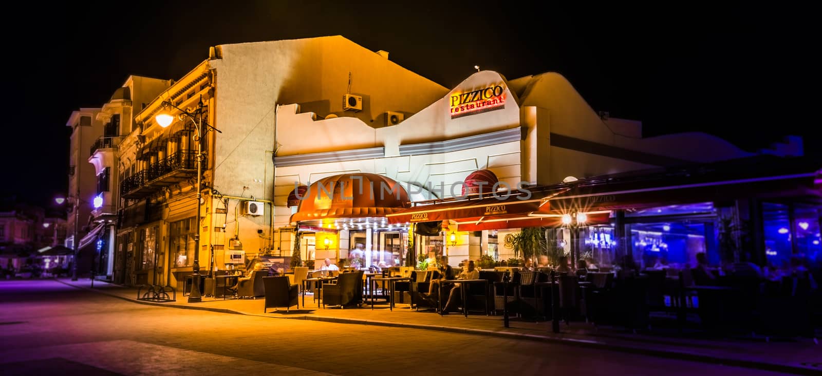 Pizzico restaurant in center of Constanta at night.