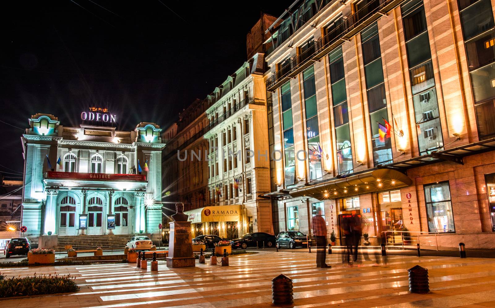 Night scene. Odeon Theater in Bucharest, Romania.