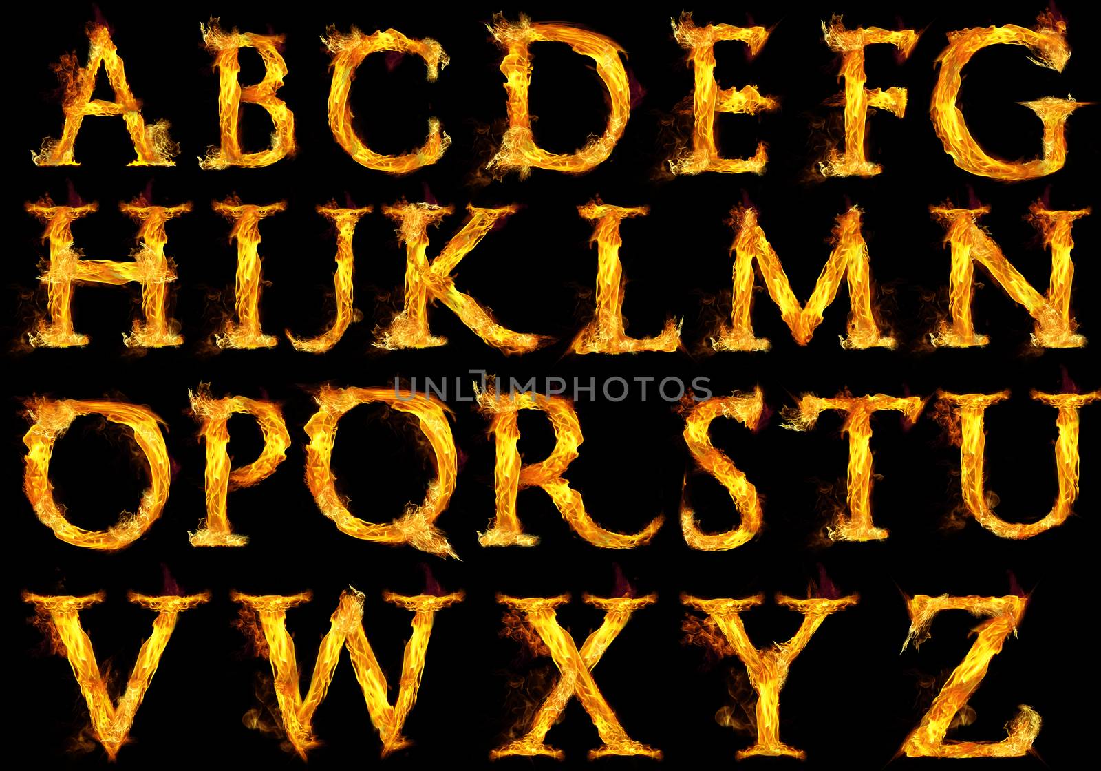 Capital letters of the alphabet with fire flames.