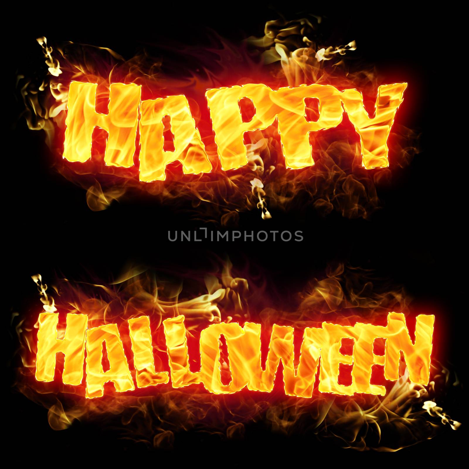 Fire Happy Halloween text in burning flames.
