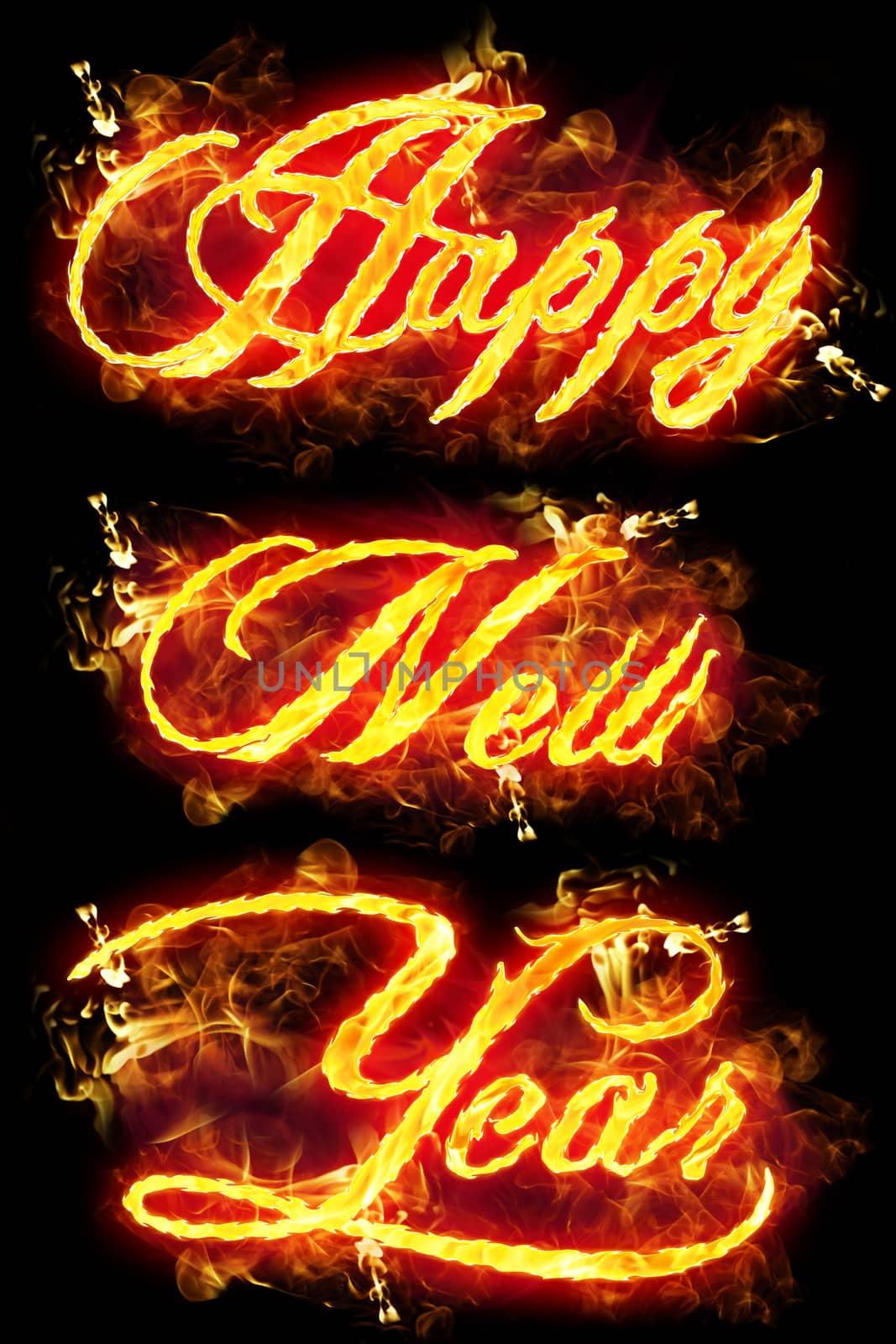 Fire Happy New Year text in burning flames.