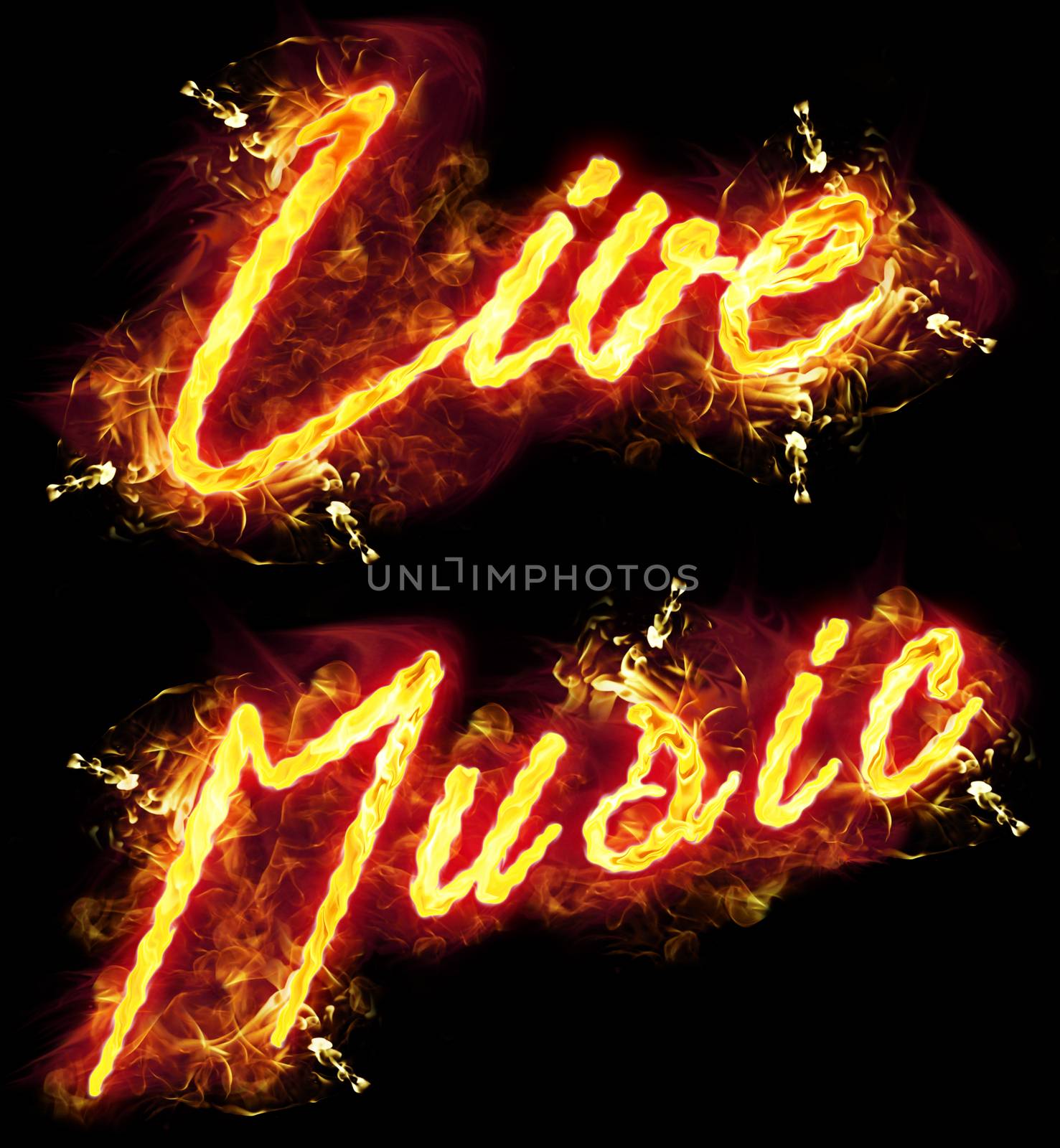 Fire live music word badge with burning flames.