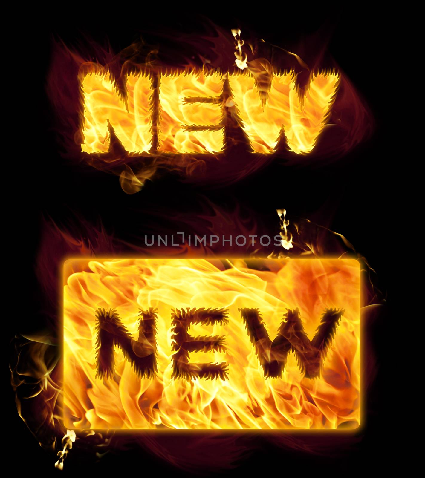 Word text new in burning flames.