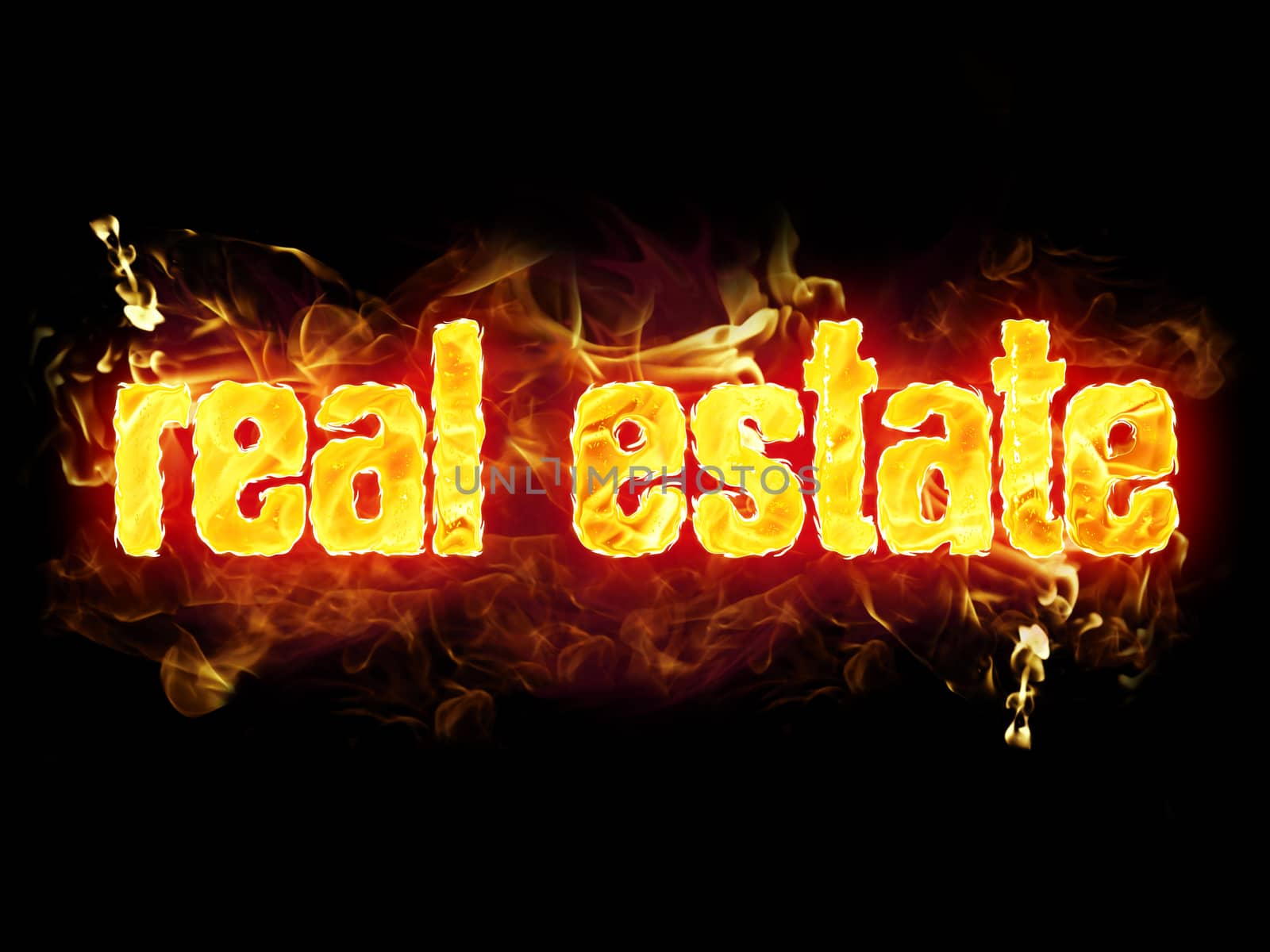 Real estate words in burning flames.