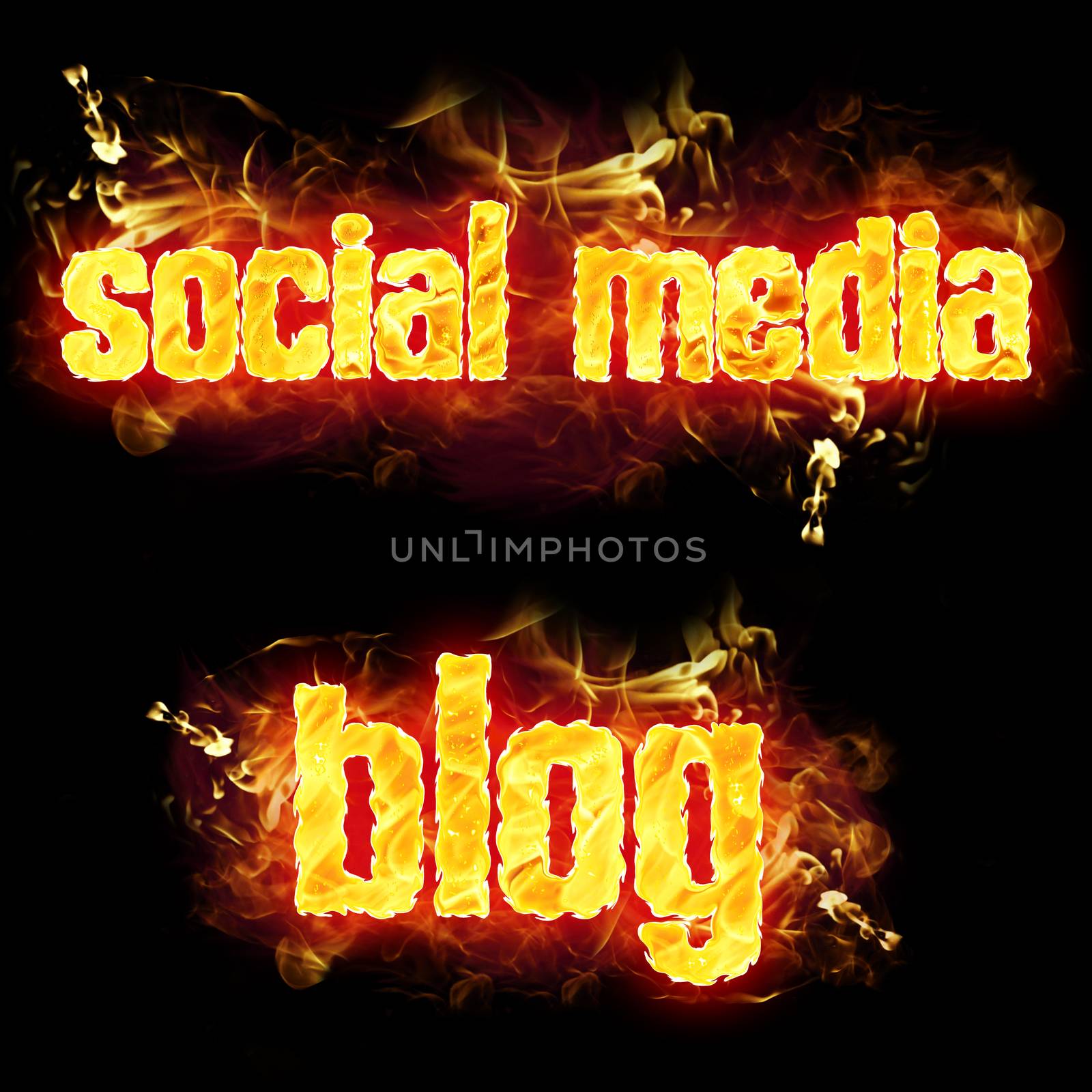 Fire social media blog text badge with burning flames.