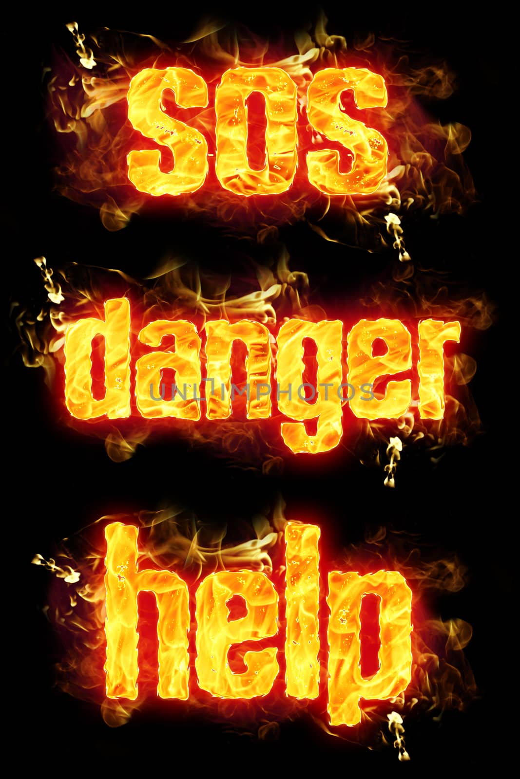 Fire SOS danger help words with burning flames.