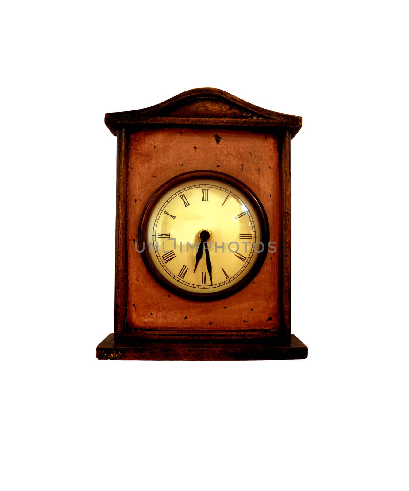 Old brown wooden clock on white background.