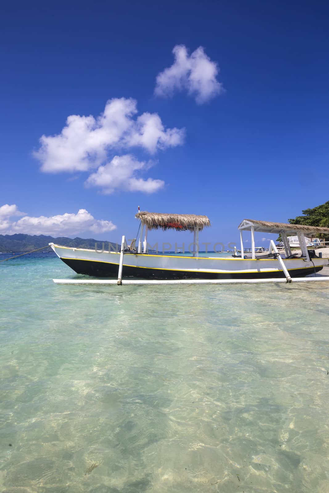 Long Tail Boat on Tropical Beach, Gili island, Bali.