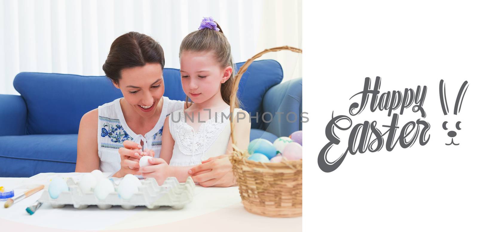 Mother and daughter painting easter eggs against happy easter