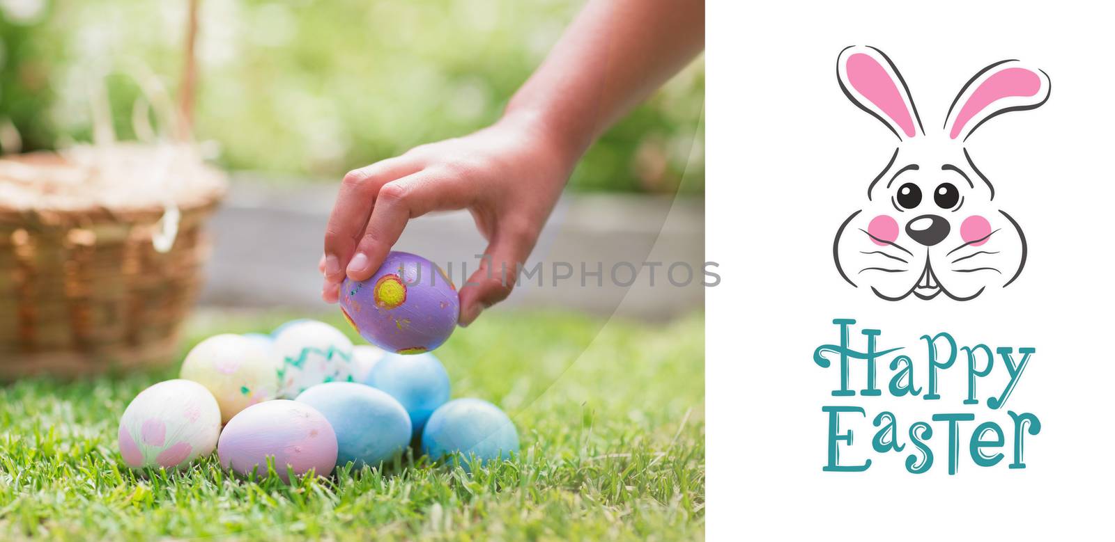 Little girl collecting easter eggs  against easter bunny with greeting