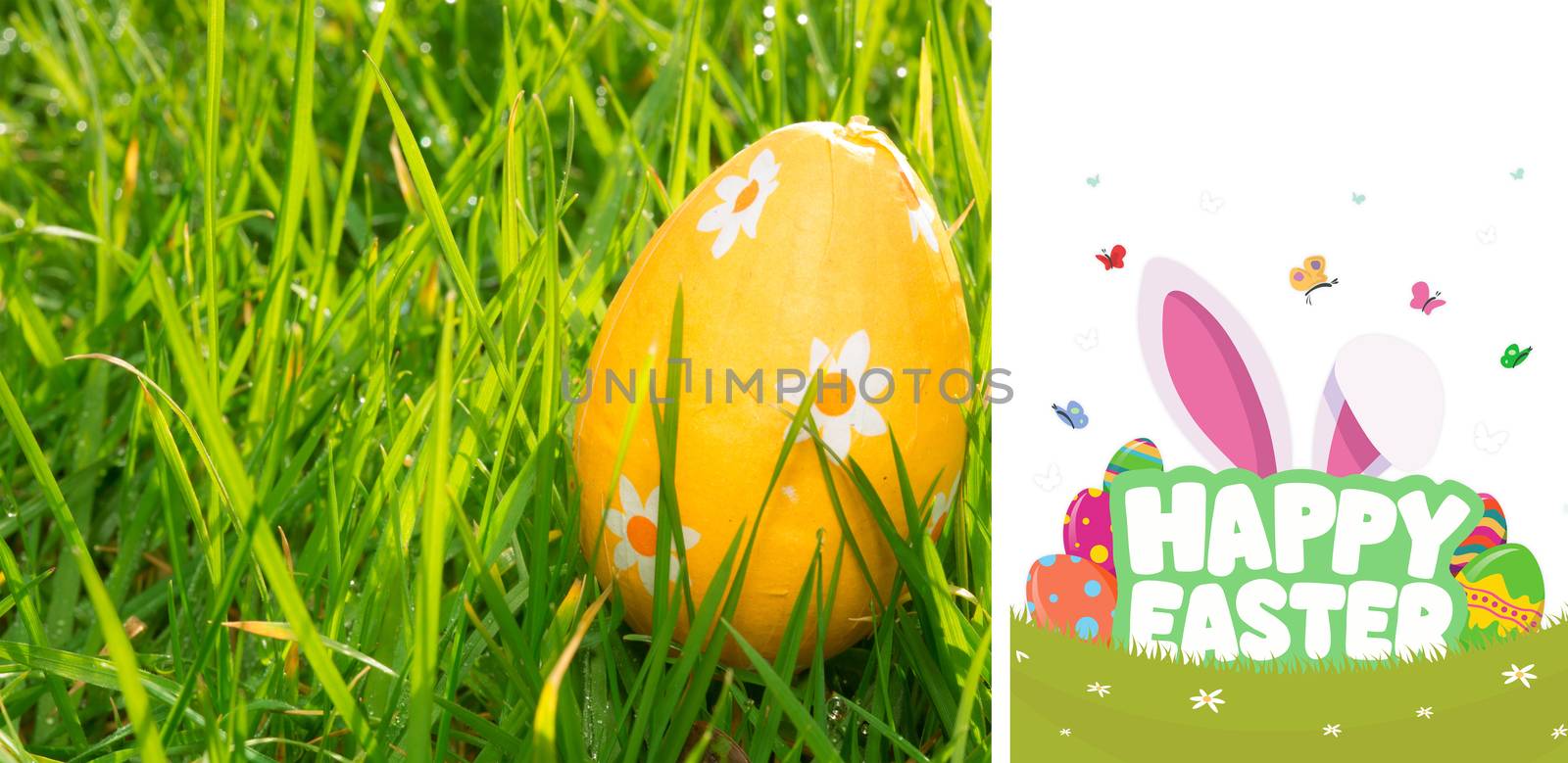 happy easter graphic against orange easter egg in the grass