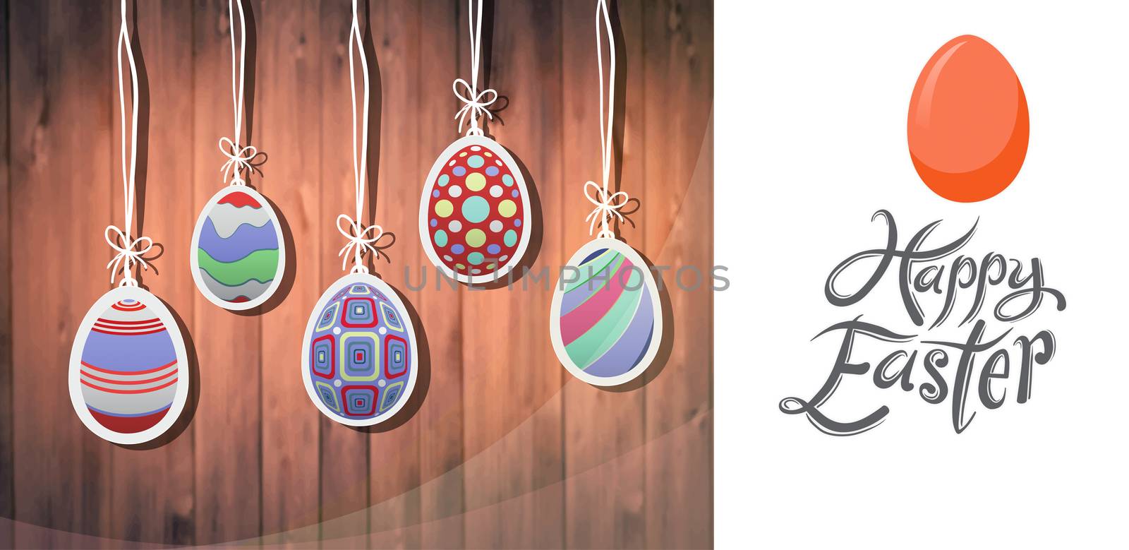 Happy easter against hanging easter eggs