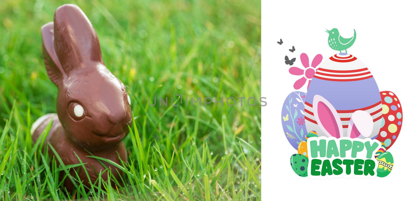 happy easter graphic against chocolate bunny in the grass