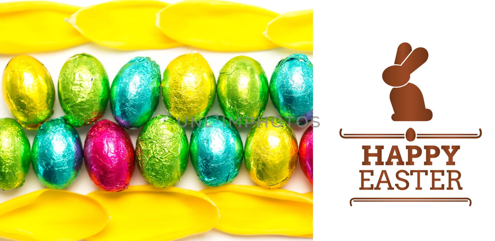 happy easter graphic against colourful foil wrapped easter eggs with tulip petals