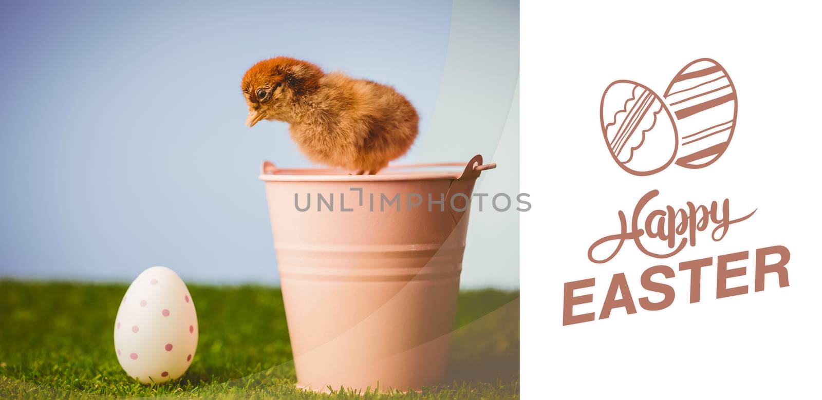 happy easter graphic against stuffed chick in pink bucket