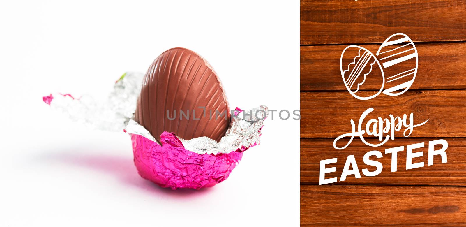 happy easter graphic against overhead of wooden planks