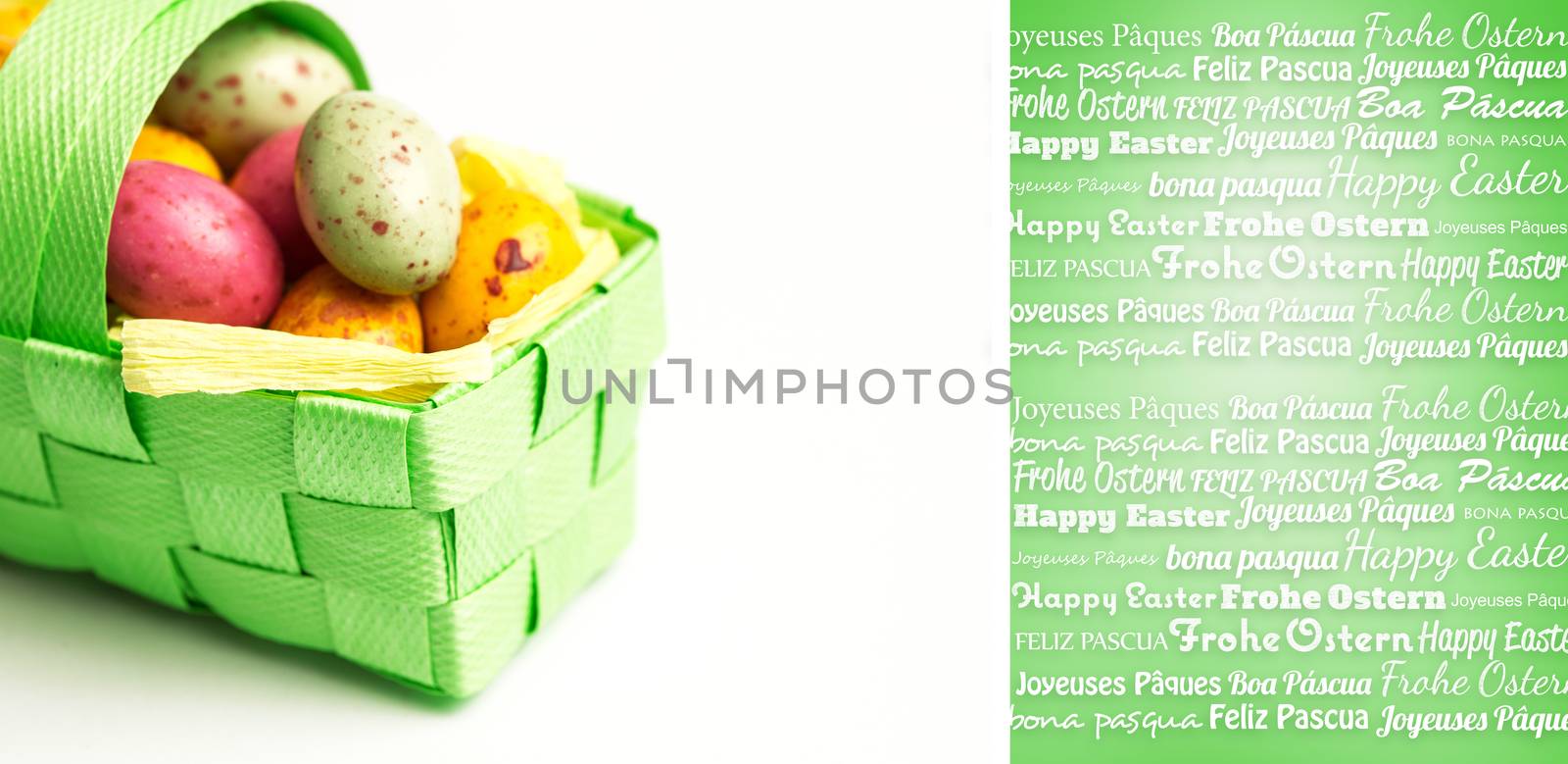 Happy easter in different languages against green vignette