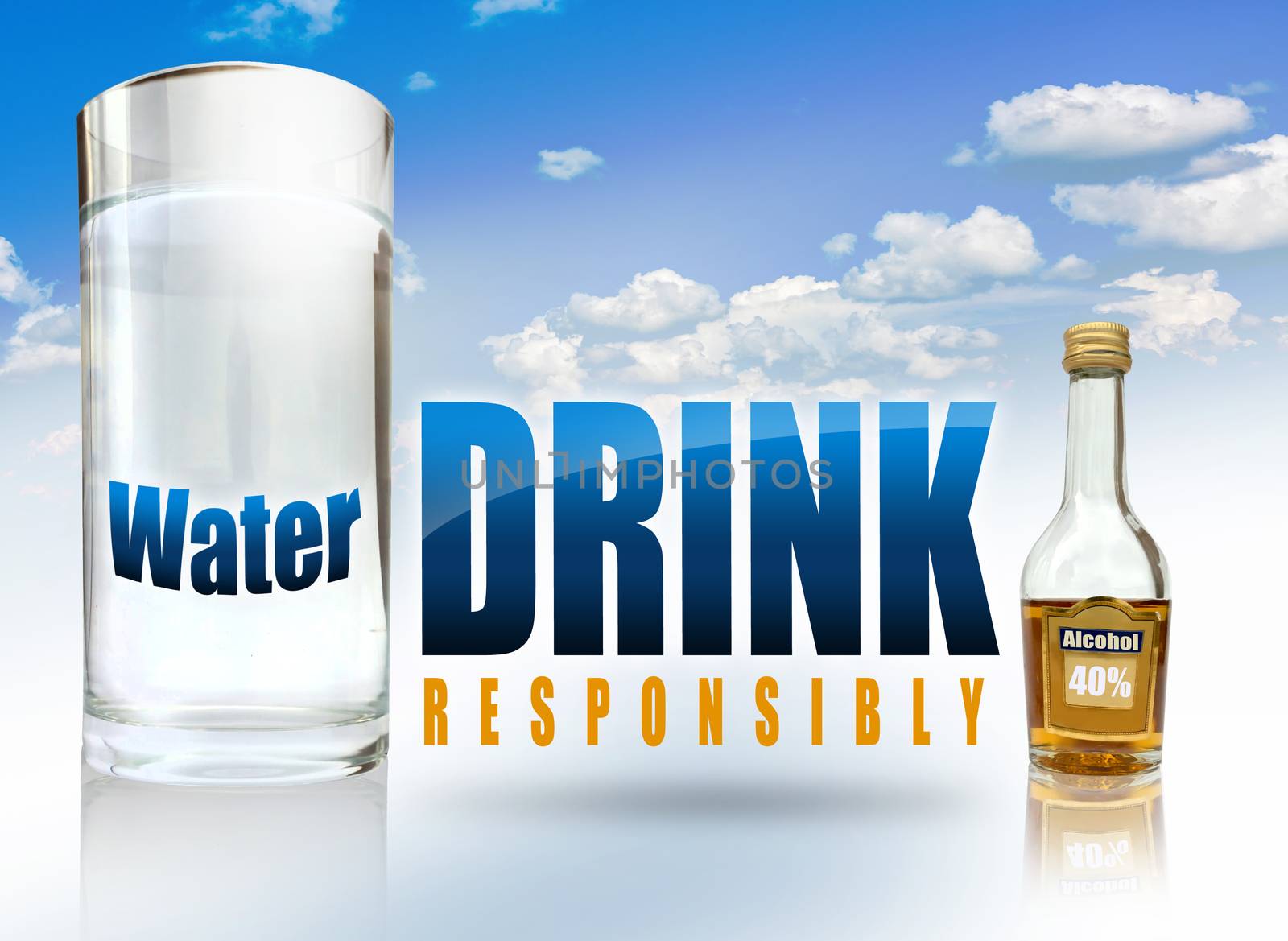 A big glass of water, a small alcohol bottle and the text drink responsibly.