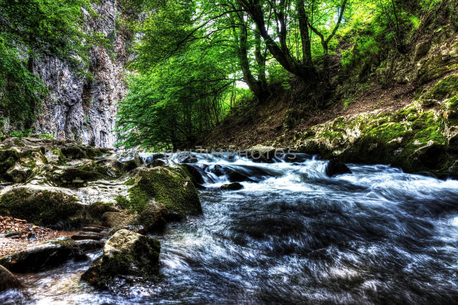 Water flowing in river bed, Bigar Waterfall, Romania.