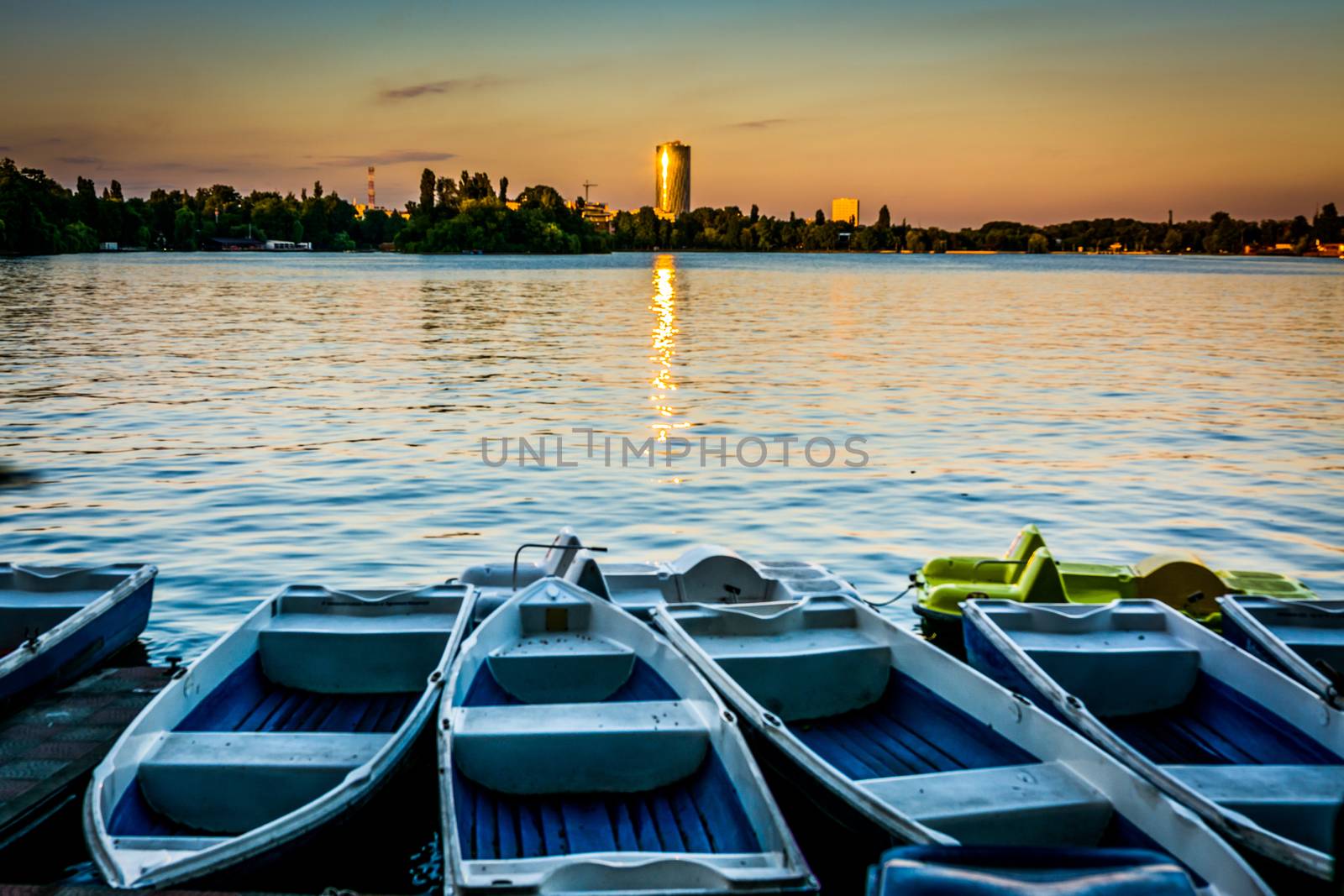 Boats on Lake in Herastrau Park, Bucharest.
