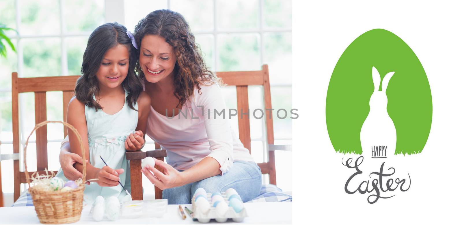 Composite image of happy mother and daughter painting easter eggs  by Wavebreakmedia