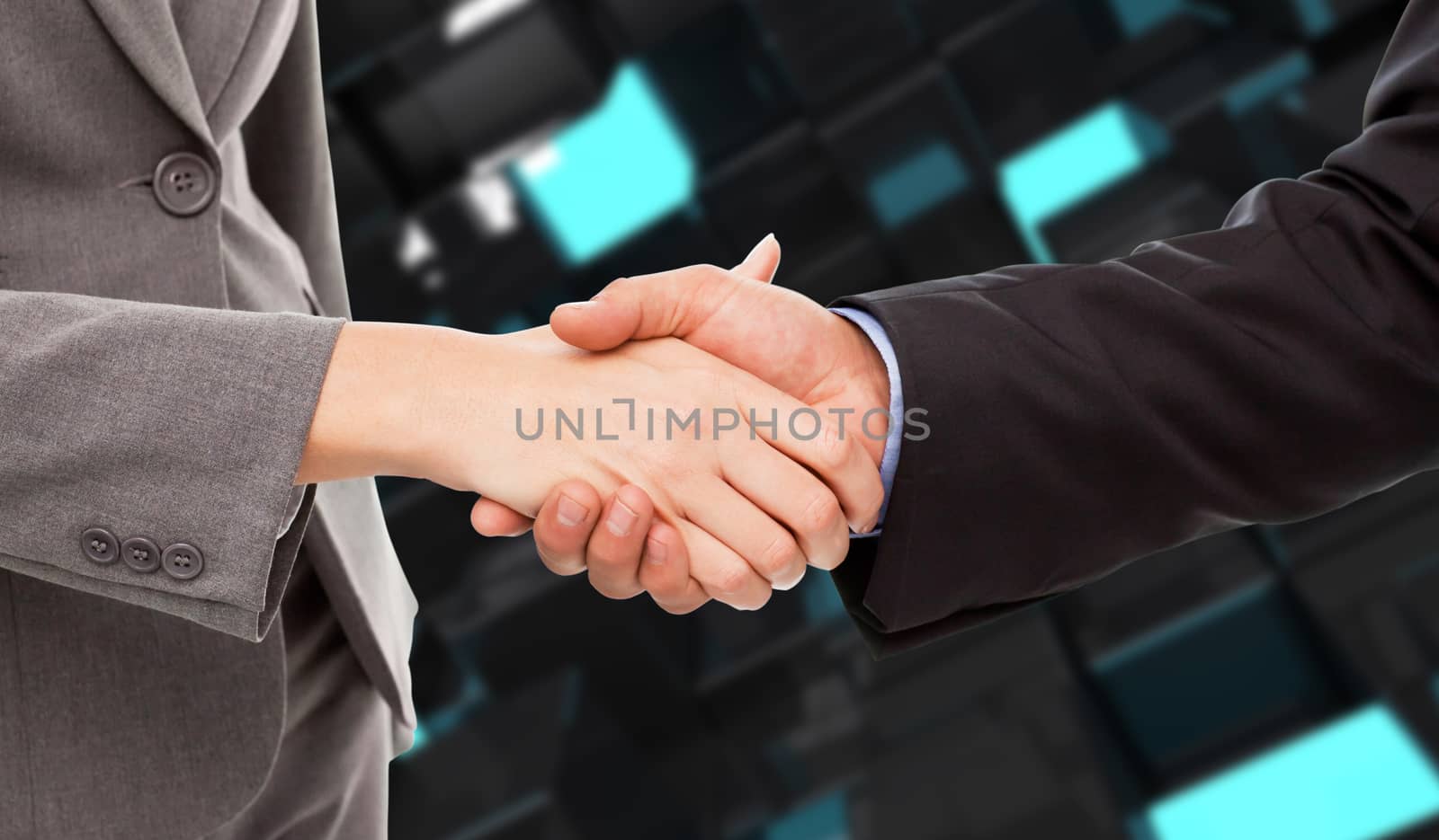 Close up of two businesspeople shaking their hands against blue and black tile design