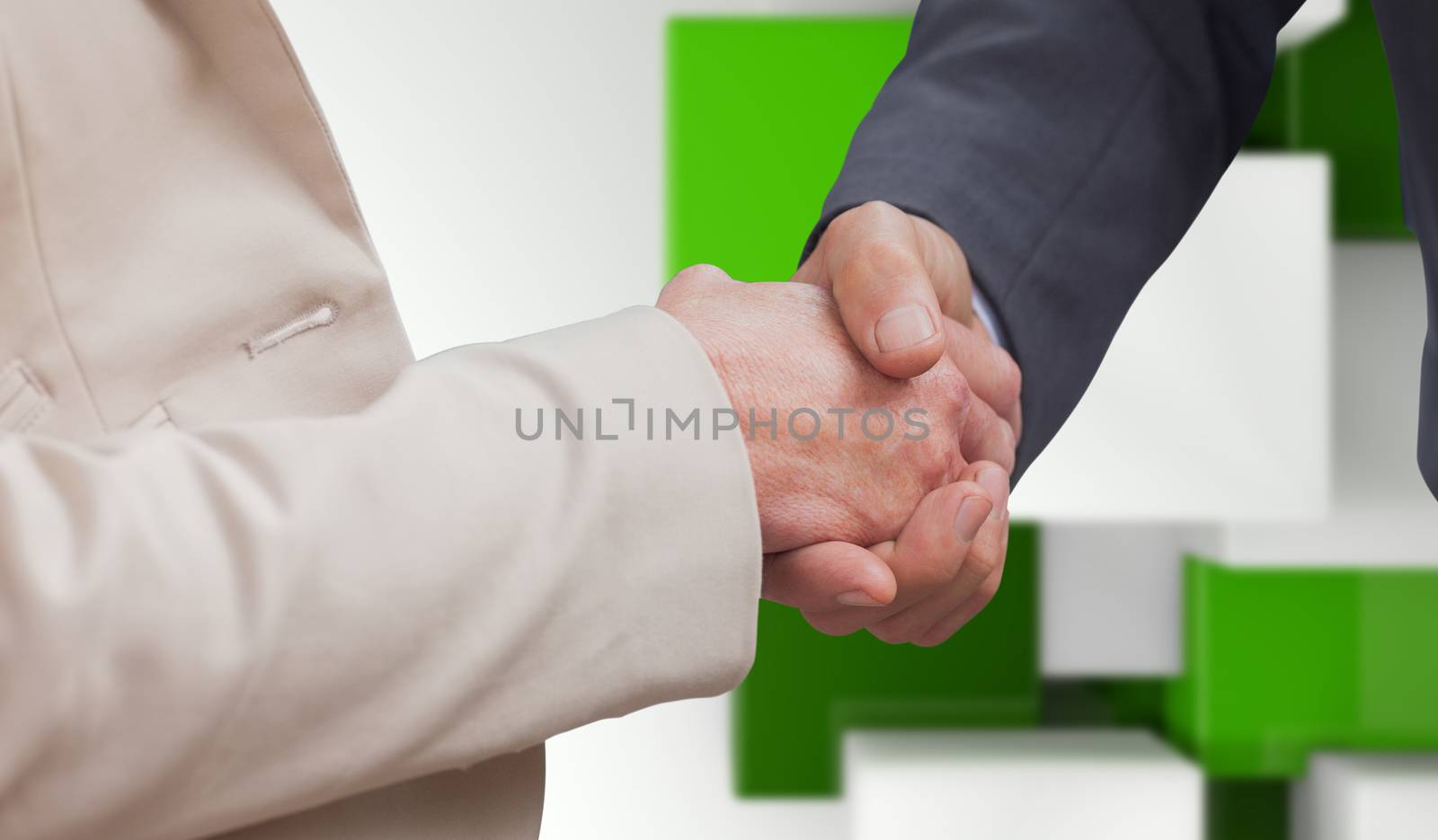 Business people shaking hands against green tile design